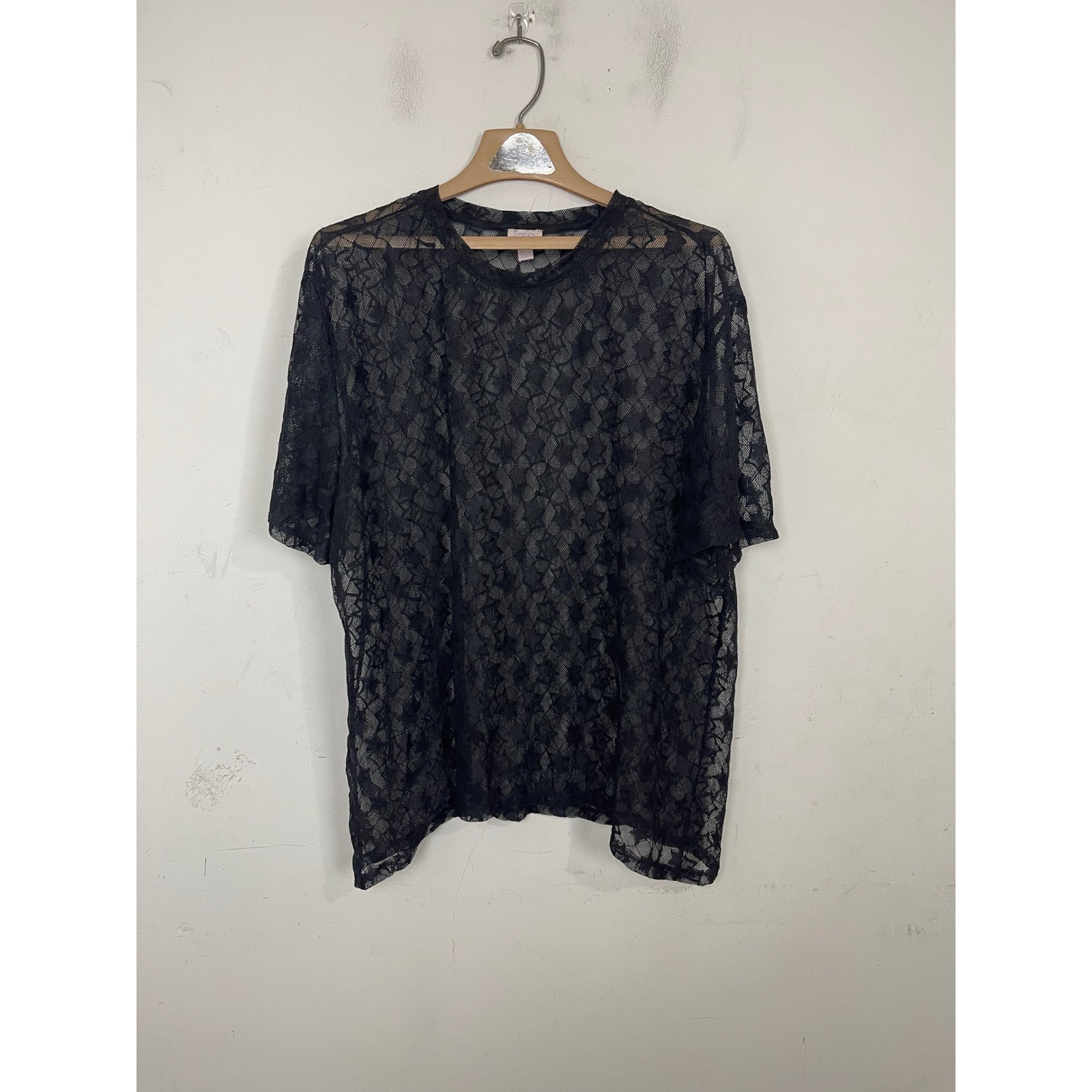 Logo Layers By Lori Goldstein Black Star Lace Sheer Short Sleeve Top Womens M
